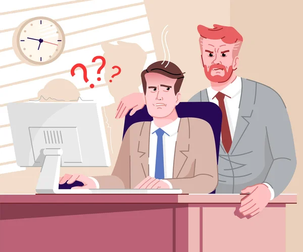 Job stress flat vector illustration. Boss standing near employee table cartoon characters. — 图库矢量图片
