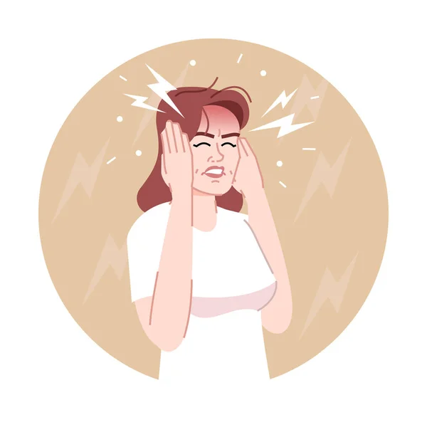 Cefalea icono concepto plano. Mujer deprimida con fuerte dolor en la cabeza pegatina, clipart. Mujer agotada y estresada que sufre de migraña ilustración de dibujos animados aislados sobre fondo blanco — Vector de stock