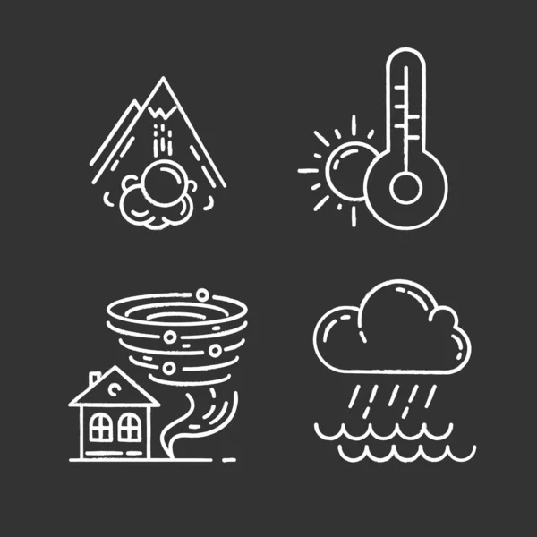 Naturkatastrophen-Ikonen gesetzt. Umweltgefahren. Wettervorhersage, Tornado, Lawine, Regenguss. Versicherungsfall. Extremereignisse. Zerstörerische Natur. Isolierte Vektor-Tafelillustrationen — Stockvektor