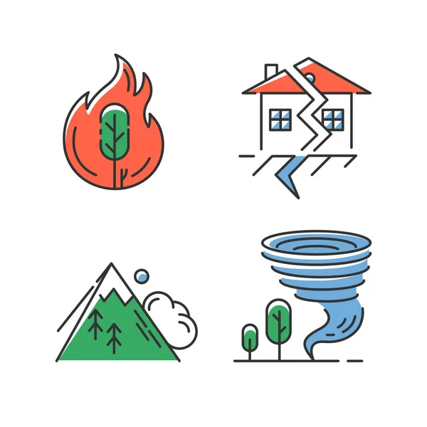 Farbsymbole für Naturkatastrophen gesetzt. globale Katastrophen. Flächenbrände, Erdbeben, Tornado, Lawinen. Zerstörerische Kraft der Natur. geologische und atmosphärische Gefahren. isolierte Vektorillustrationen — Stockvektor
