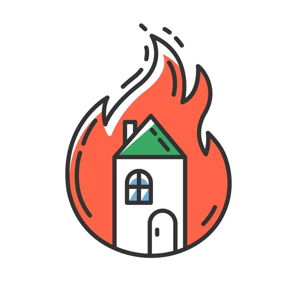 Casa en llamas icono de color rojo. Edificio en llamas. Incendios de propiedad. Combustión casera. Conflagración de la vivienda. Ignorando las normas de seguridad contra incendios. Caso de seguro. Ilustración vectorial aislada — Archivo Imágenes Vectoriales