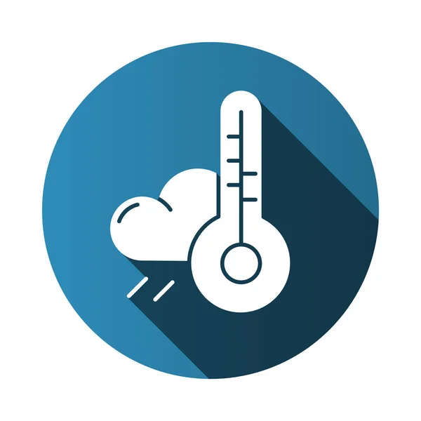 Pronóstico del tiempo azul plano diseño largo sombra glifo icono. Observaciones meteorológicas. Lluvia y temperatura del aire. Nube y termómetro. Características climáticas. Ilustración de silueta vectorial — Vector de stock