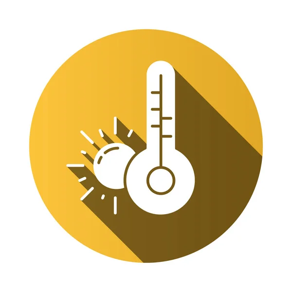 Previsão do tempo amarelo design plano ícone longo glifo sombra. Anticíclone. Seca. Sol e termómetro. Observações meteorológicas. Aquecimento global. Ilustração da silhueta vetorial — Vetor de Stock