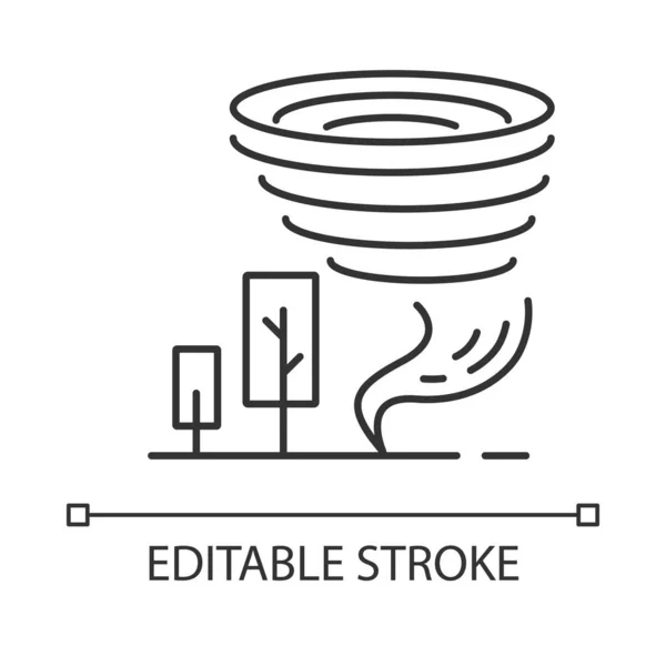 Icono lineal Tornado. Twister. Ciclón. Un desastre natural. Viento giratorio destructivo. Embudo espiral de tormenta, árboles. Ilustración en línea delgada. Símbolo de contorno. Dibujo de contorno aislado vectorial. Carrera editable — Vector de stock