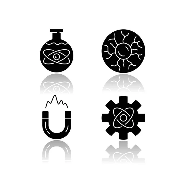 Fizik dalları siyah sembol simgelerini düşürür. Kimyasal, plazma ve mühendislik fiziği, elektromanyetizma. Fiziksel işlemler, bilimsel disiplinler. İzole vektör çizimleri — Stok Vektör