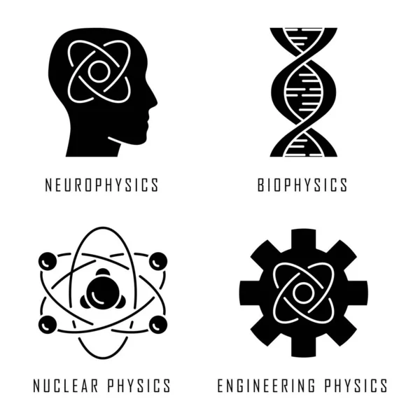 Physics branches glyph icons set. Neurophysics, biophysics, engineering and nuclear physics. Human brain, structure of molecule. Physical processes. Silhouette symbols. Vector isolated illustration — Stock Vector