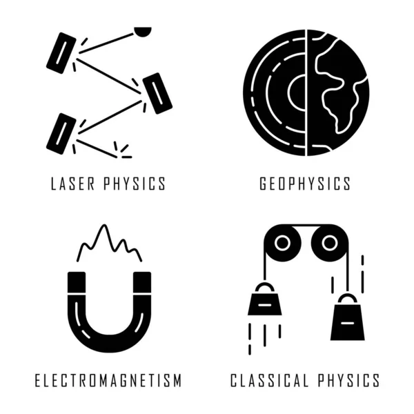 Natuurkunde takken glyph pictogrammen ingesteld. Laser- en klassieke fysica, elektromagnetisme en geofysica. Fysieke processen en fenomenen. Silhouet symbolen. Vector geïsoleerde illustratie — Stockvector