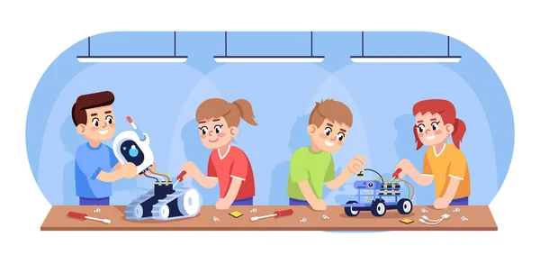 Niños montando robots ilustración vectorial plana. Constructor automatizado para niños. Después del club escolar. Cursos de robótica para jóvenes. Niños y niñas creando juguetes electrónicos personajes de dibujos animados — Archivo Imágenes Vectoriales