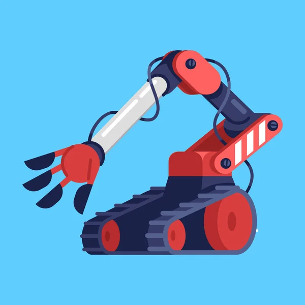 Vehicul robotic cu ilustrație vectorială plană a brațului manipulator. Droid urmarit masina pe telecomanda. Echipament electronic. Asistent robot. Jucărie de desene animate izolată pe fundal albastru — Vector de stoc