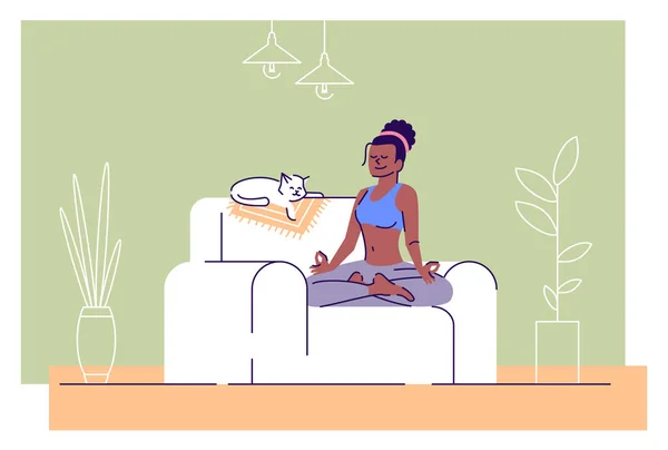 Dziewczyna medytująca w pozycji lotosu płaski wektor ilustracji. Zarządzanie stresem. Harmonia, równowaga umysłu. Spokojna kobieta i śpiący kot na postaci z kreskówek sofa z elementami zarysu na zielonym tle — Wektor stockowy