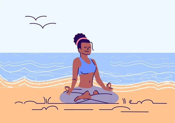 蓮の位置フラットベクトルイラストで瞑想女の子.海のビーチでヨガの練習。体と心の調和。若いですアフリカ系アメリカ人女性座っていますpadmasana運動漫画のキャラクター — ストックベクタ