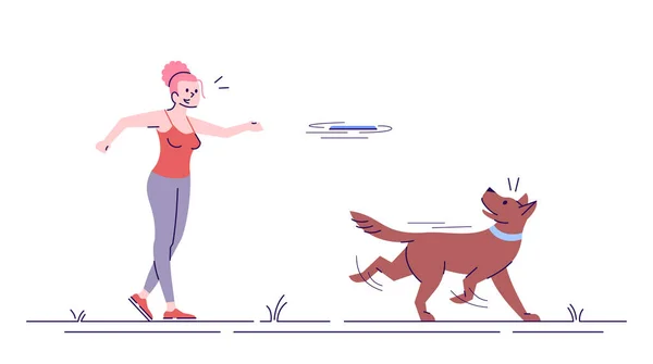 Ευτυχισμένο καυκάσιο κορίτσι παίζει με το σκυλί επίπεδη διανυσματική απεικόνιση. Εξωτερική δραστηριότητα. Νεαρή χαρούμενη γυναίκα ρίχνουν παιχνίδι στο κατοικίδιο ζώο απομονωμένο χαρακτήρα κινουμένων σχεδίων με στοιχεία περίγραμμα σε λευκό φόντο — Διανυσματικό Αρχείο