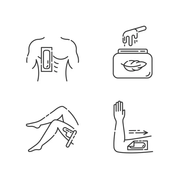 Soft waxing linear icons set. Chest, leg, arm hair removal with strips. Cold wax in jar. Female, male body depilation. Thin line contour symbols. Isolated vector outline illustrations. Editable stroke — Stock Vector