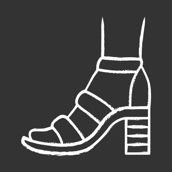 Bloquear salto alto ícone de giz. Mulher design calçado elegante. Sapatos casuais femininos, sandálias de verão com vista lateral cinta de tornozelo. Acessório de vestuário elegante. Ilustração de quadro vetorial isolado —  Vetores de Stock