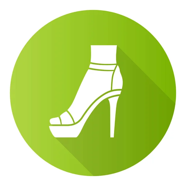 Ankelrem hög klackar grön platt design lång skugga glyf ikon. Kvinna snygga skor design. Kvinnliga partyskor, lyxiga moderna sommarsandaler. Vektor siluett illustration — Stock vektor