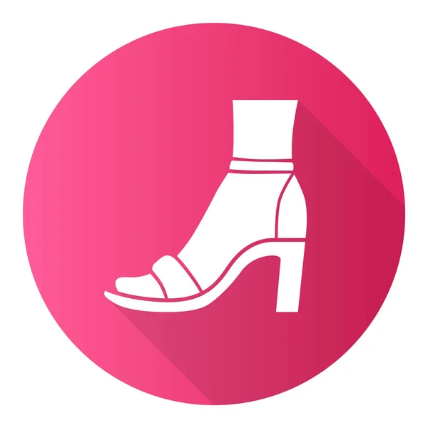 Enkelband hoge hakken roze plat ontwerp lange schaduw glyph pictogram. Vrouw stijlvol schoeisel ontwerp. Vrouwelijke schoenen, zomersandalen. Modieuze klassieke kleding accessoire. Vector silhouet illustratie — Stockvector