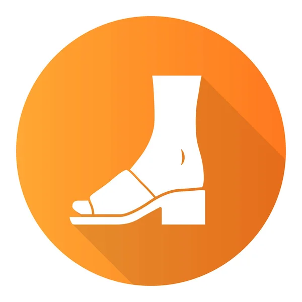 Sandalias de mula naranja diseño plano icono largo glifo sombra. Mujer elegante diseño de calzado. Zapatos casuales femeninos, zapatos de tacón alto. Accesorio de ropa retro de moda. Ilustración de silueta vectorial — Archivo Imágenes Vectoriales