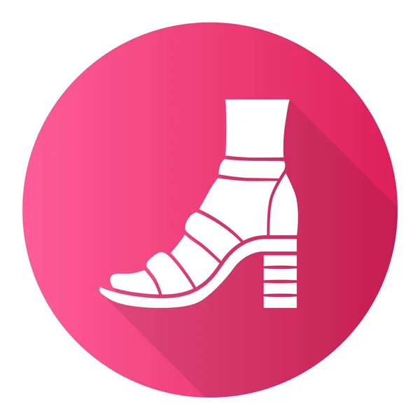 Blockera höga klackar rosa platt design lång skugga glyf ikon. Kvinnan snygga skor. Kvinnliga fritidsskor, sommarsandaler med ankelrem. Fashionabla kläder tillbehör. Vektor siluett illustration — Stock vektor