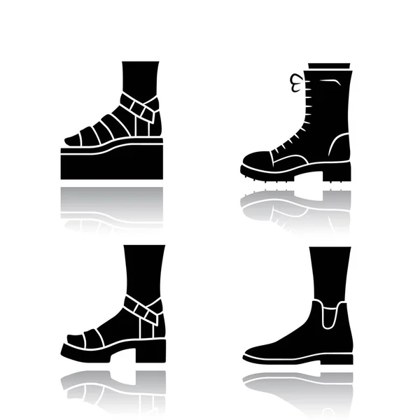 Women trendy shoes drop shadow black glyph icons set. Female elegant formal and casual footwear. Stylish winter and autumn boots. Fashionable platform heels. Isolated vector illustrations — Stock Vector