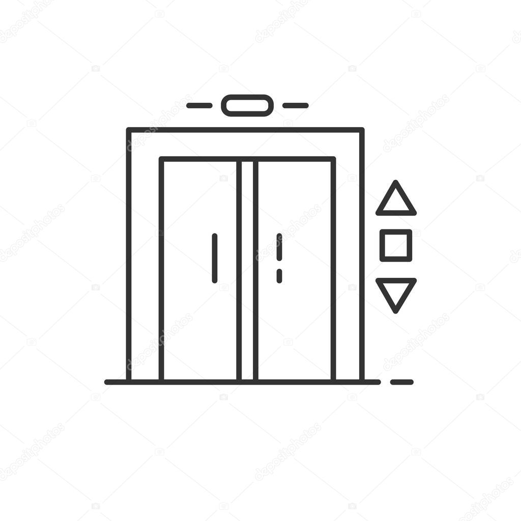 Elevator lift entrance linear icon. Quick floor transportation. Technical device, multi-storey building, hotel amenity. Thin line contour symbols. Isolated vector outline illustration. Editable stroke
