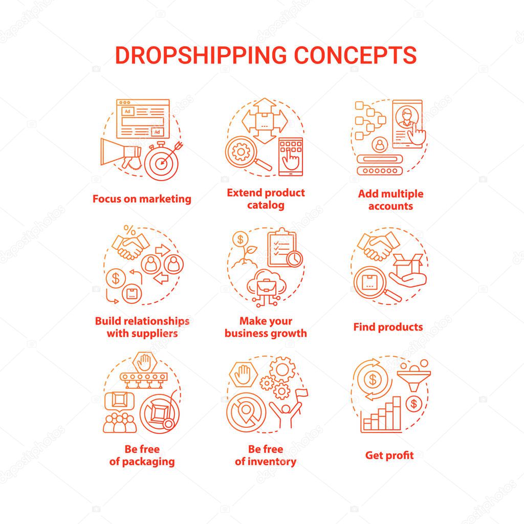 Dropshipping concept red icons set. Online delivery service idea thin line illustrations. Focus on marketing, extend product catalog, get profit. Vector isolated outline drawings. Editable stroke