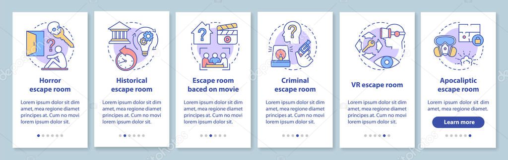 Escape room types onboarding mobile app page screen with linear concepts. Quest game classification, categories. Walkthrough graphic instructions. UX, UI, GUI vector template with illustrations