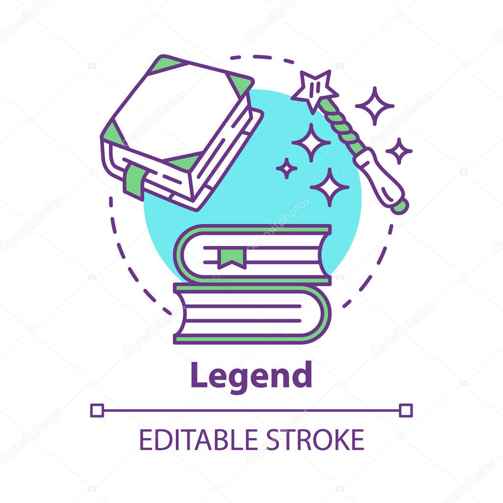 Legend concept icon. Storytelling idea thin line illustration. Fables, fiction, mythes with magic literature elements. Vector isolated outline drawing. Fairy tales, fantasy books. Editable stroke