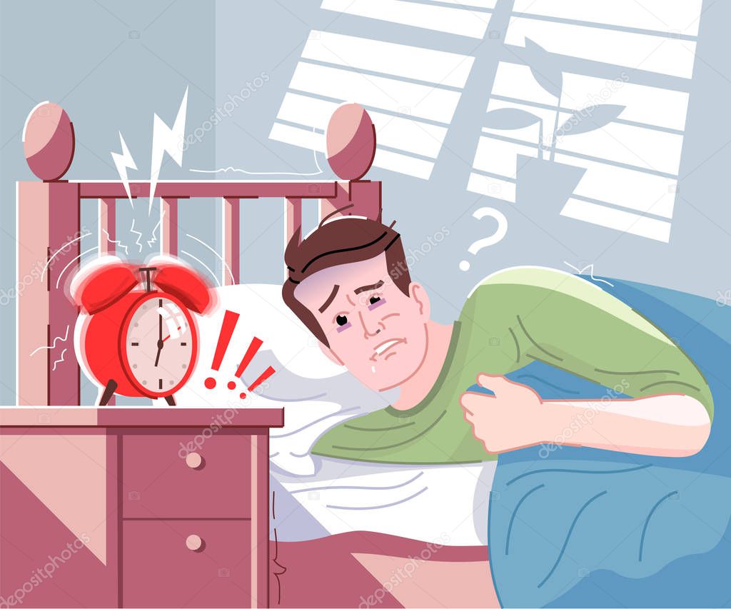 Everyday morning stress flat vector illustration. Young man waking up early, lying in bed and watching on ringing alarm clock cartoon character. Feeling tired and having little energy to get up
