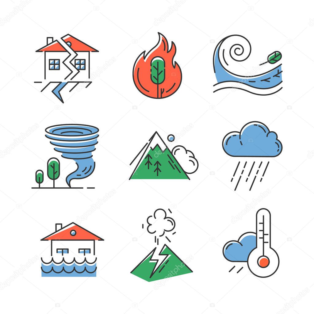 Natural disaster color icons set. Geological and atmospheric catastrophes. Earthquake, wildfire, tsunami, tornado, avalanche, flood, downpour, volcanic eruption. Isolated vector illustrations
