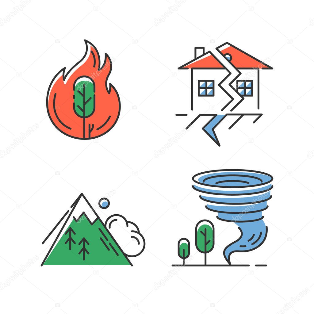 Natural disaster color icons set. Global catastrophes. Wildfire, earthquake, tornado, avalanche. Destructive force of nature. Geological and atmospheric hazards. Isolated vector illustrations