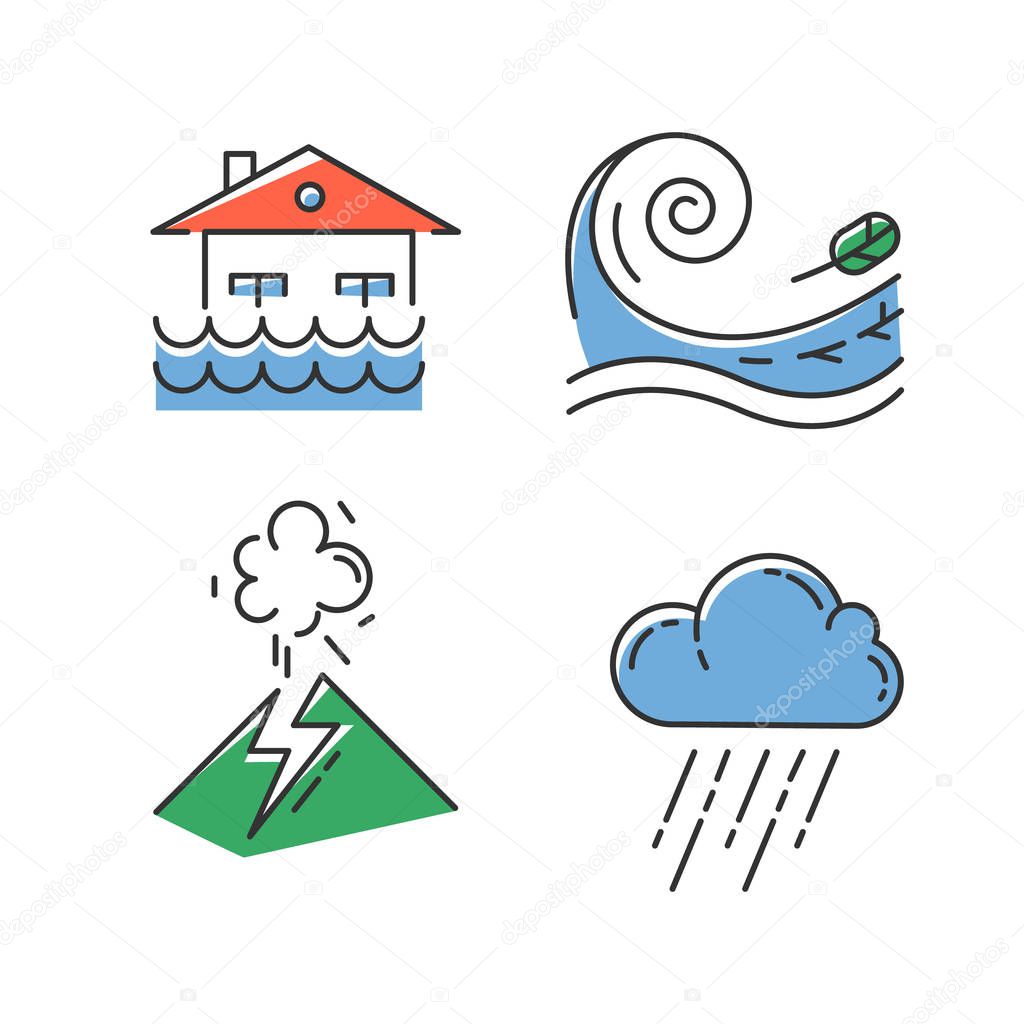 Natural disaster color icons set. Geological and atmospheric hazards. Flood, tsunami, volcanic eruption, downpour. Destructive force of nature. Isolated vector illustrations