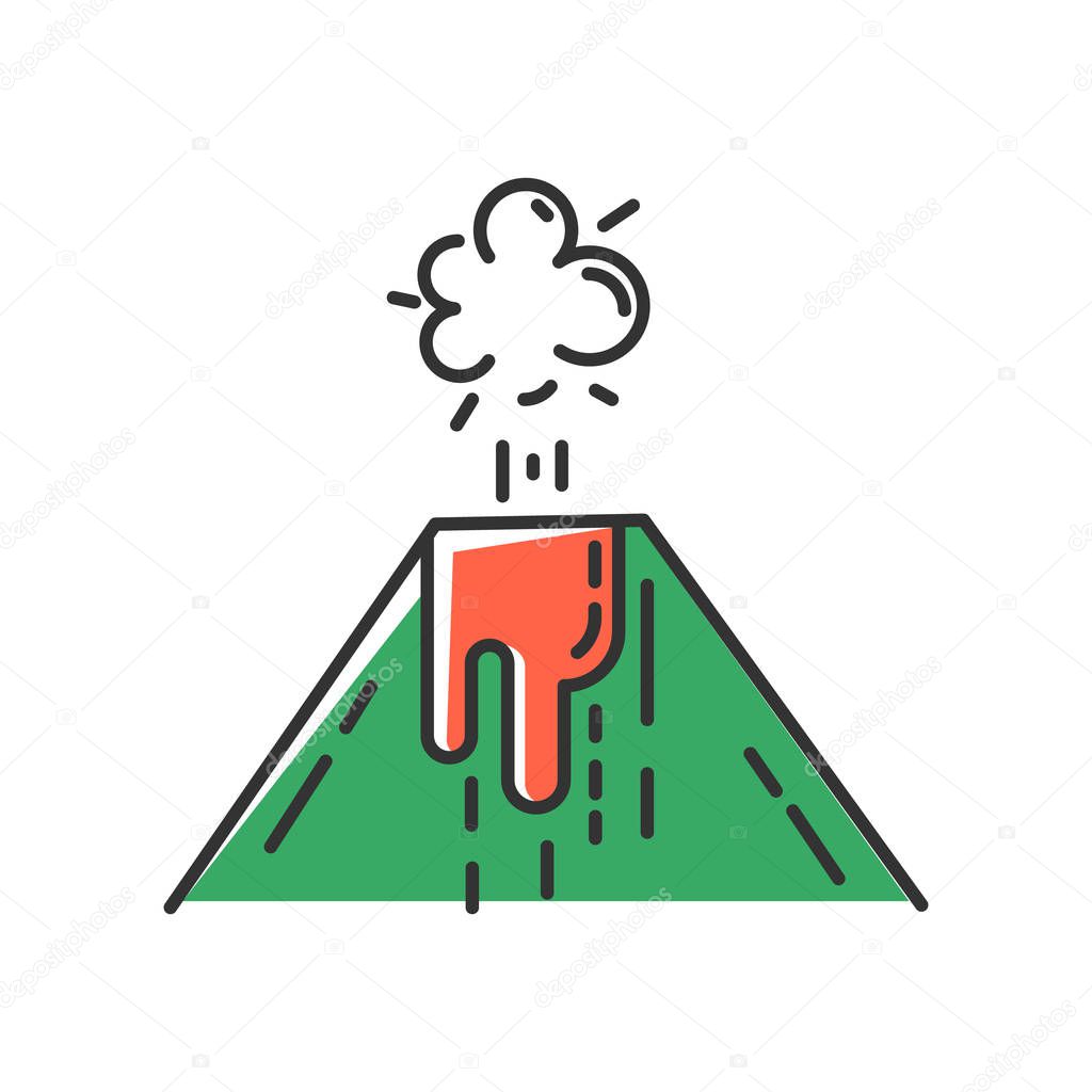 Volcanic eruption green color icon. Smoke, ash and lava emission from volcano. Geothermal energy explosion. Seismic hazard. Geological disaster. Natural catastrophe. Isolated vector illustration