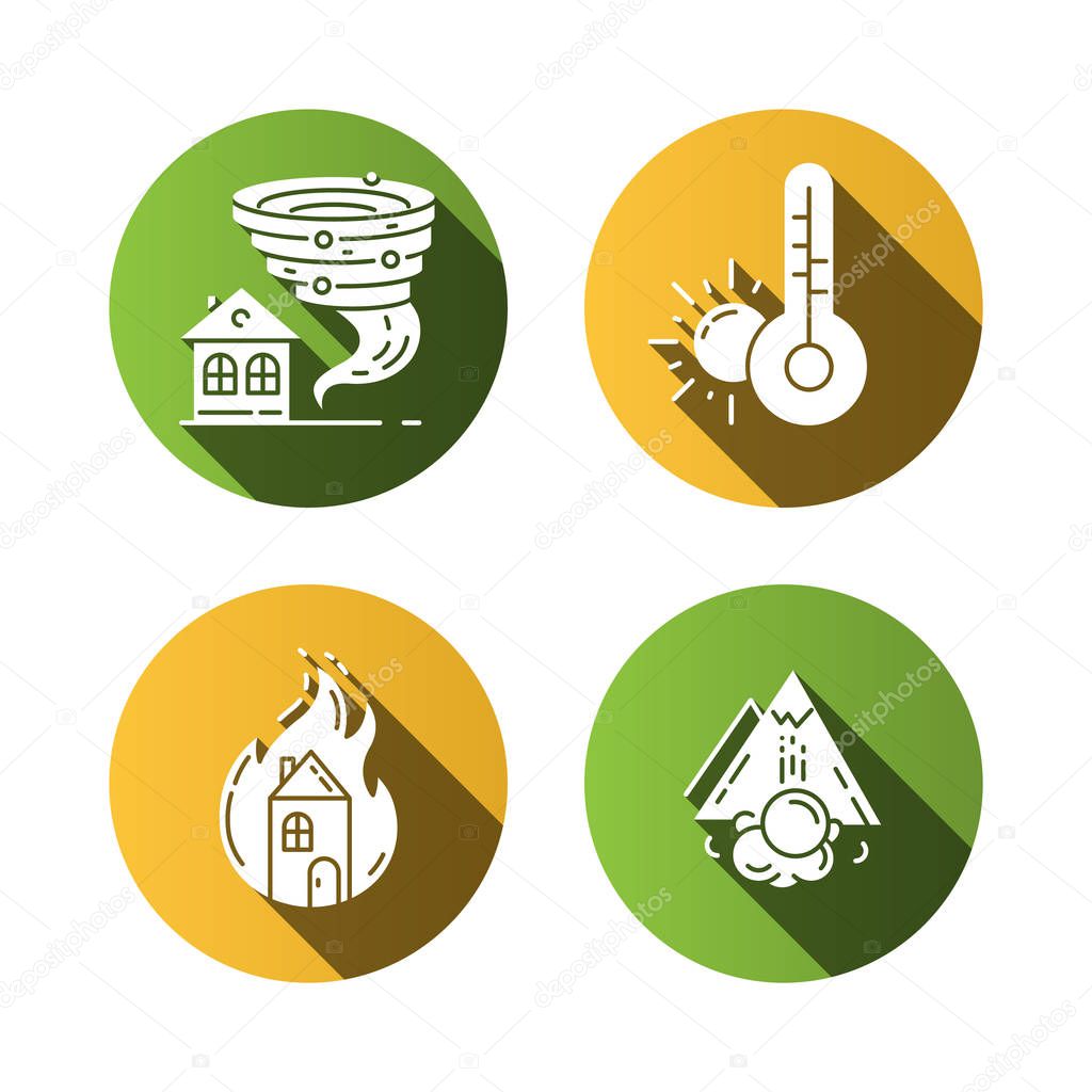 Natural disaster flat design long shadow glyph icons set. Tornado, drought, fire, avalanche. Insurance case. Extreme events. Destructive force of nature. Vector silhouette illustration