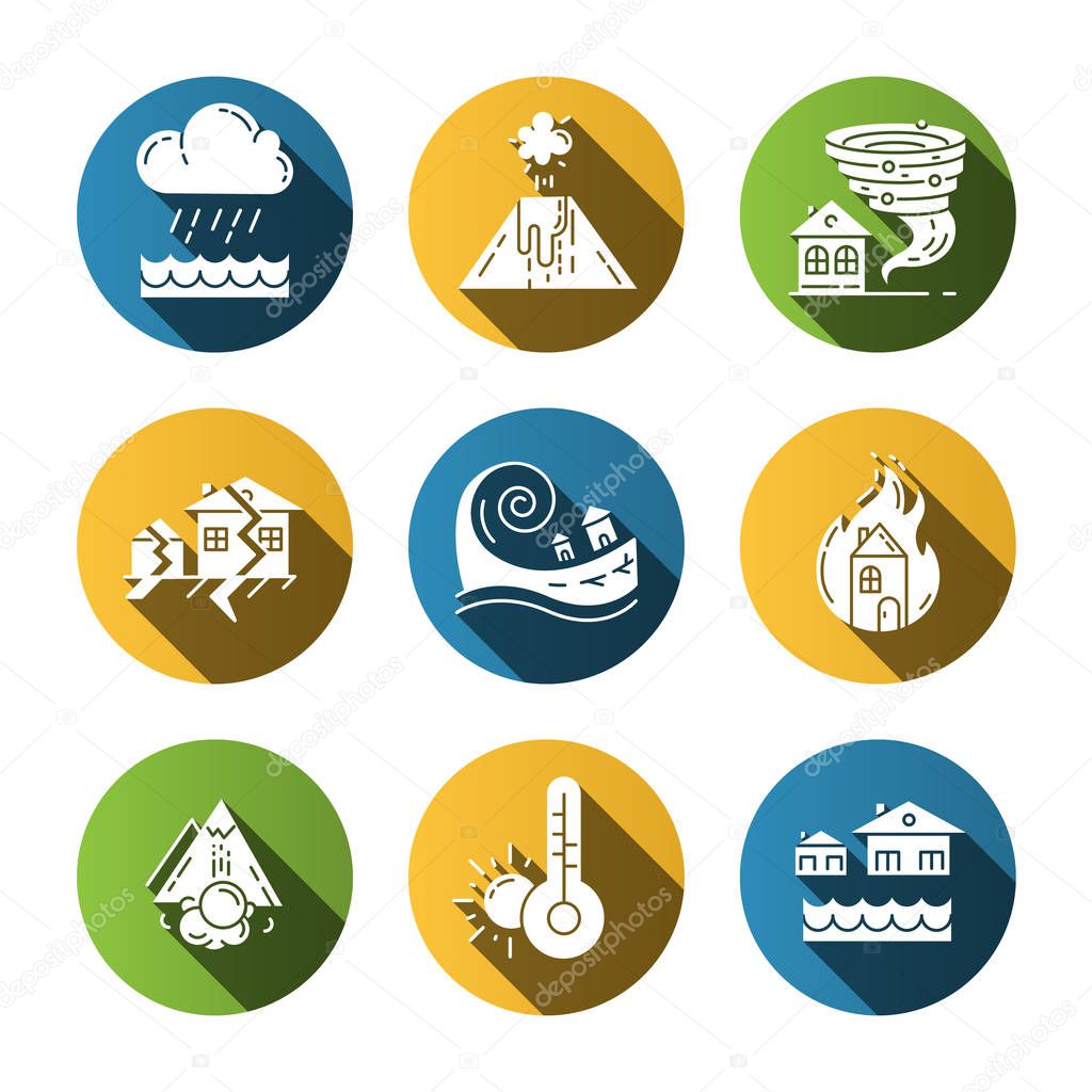 Natural disaster flat long shadow glyph icons set. Global problem. Earthquake, house on fire, tsunami, tornado, avalanche, flood, downpour, volcanic eruption, drought. Vector silhouette illustration