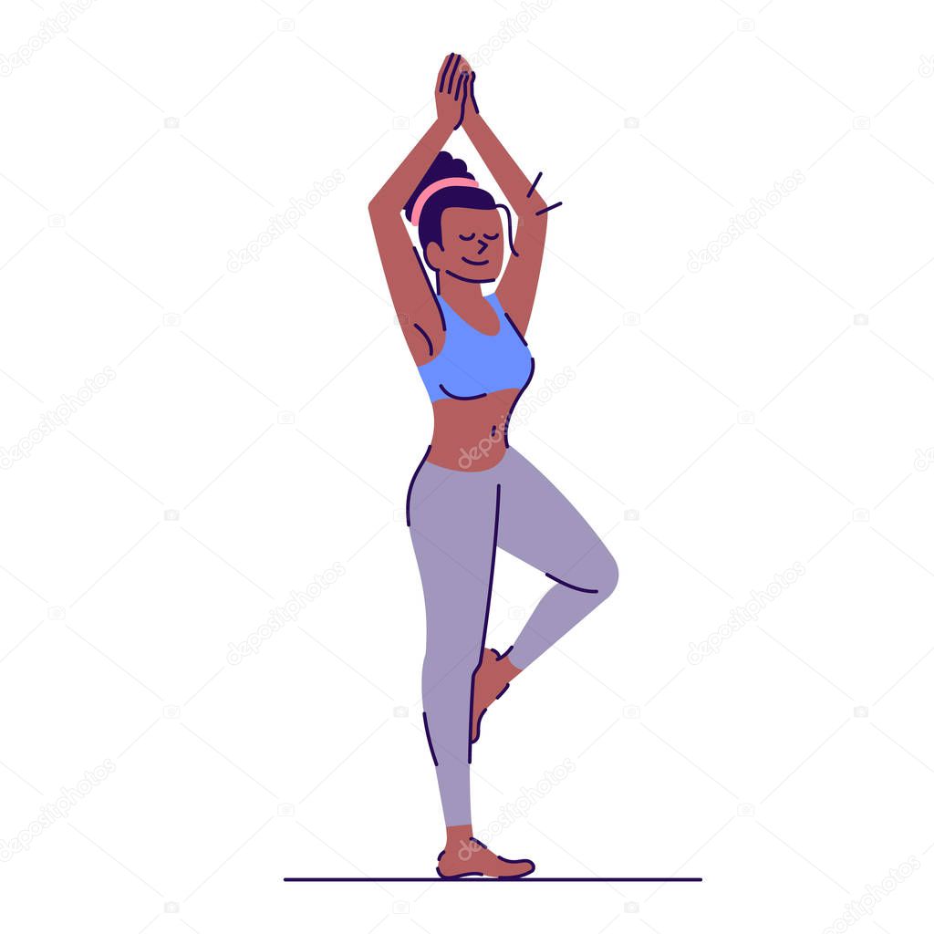 Girl doing yoga flat vector illustration. Vrikshasana. Fitness training. Young african american woman standing in tree pose isolated cartoon character with outline elements on white background