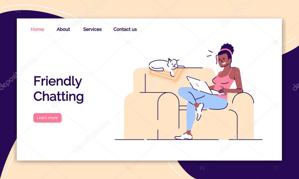 Friendly chatting landing page vector template. Internet surfing website interface idea with flat illustrations. Relaxing at home homepage layout. Rest with laptop webpage cartoon concept