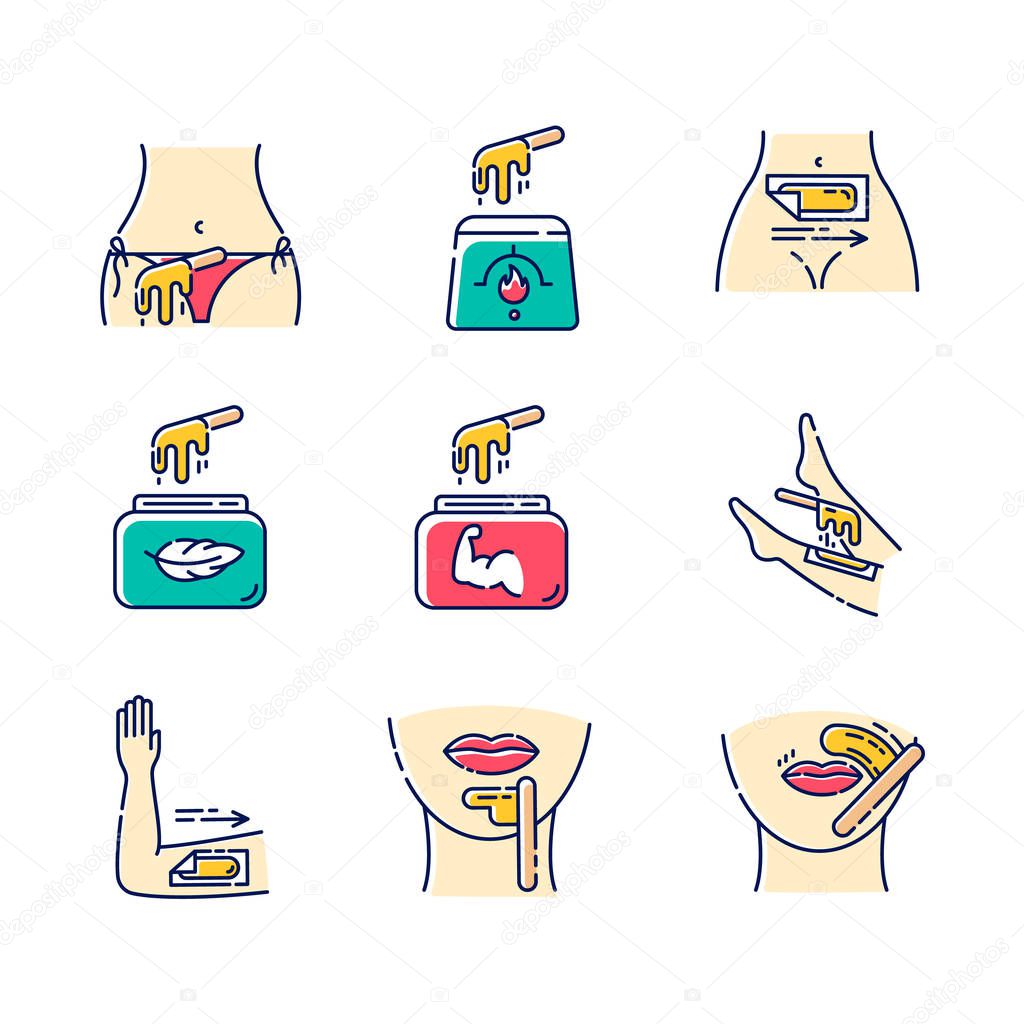 Waxing beige color icons set. Bikini, leg, upper lip, chin hair removal. Cold, hot wax in jar with spatula. Depilation equipment. Professional beauty treatment cosmetics. Isolated vector illustrations