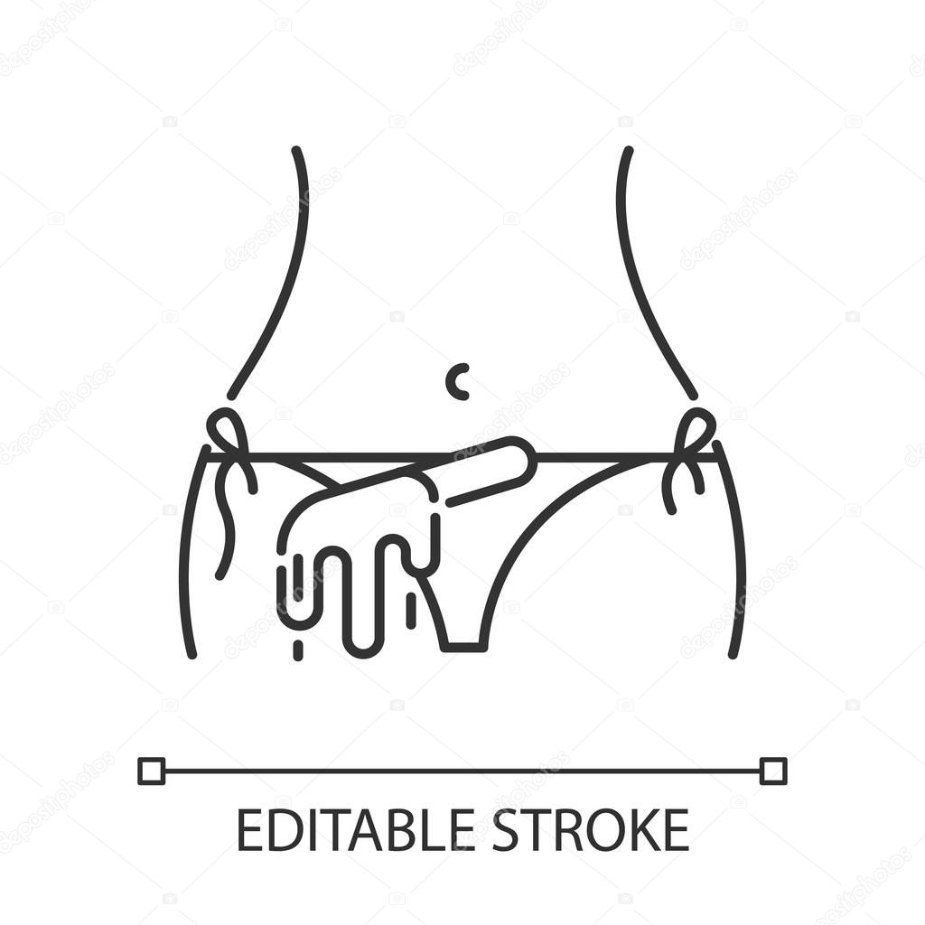 Bikini waxing linear icon. Female hair removal procedure. Depilation with natural soft hot wax. Thin line illustration. Contour symbol. Vector isolated outline drawing. Editable stroke