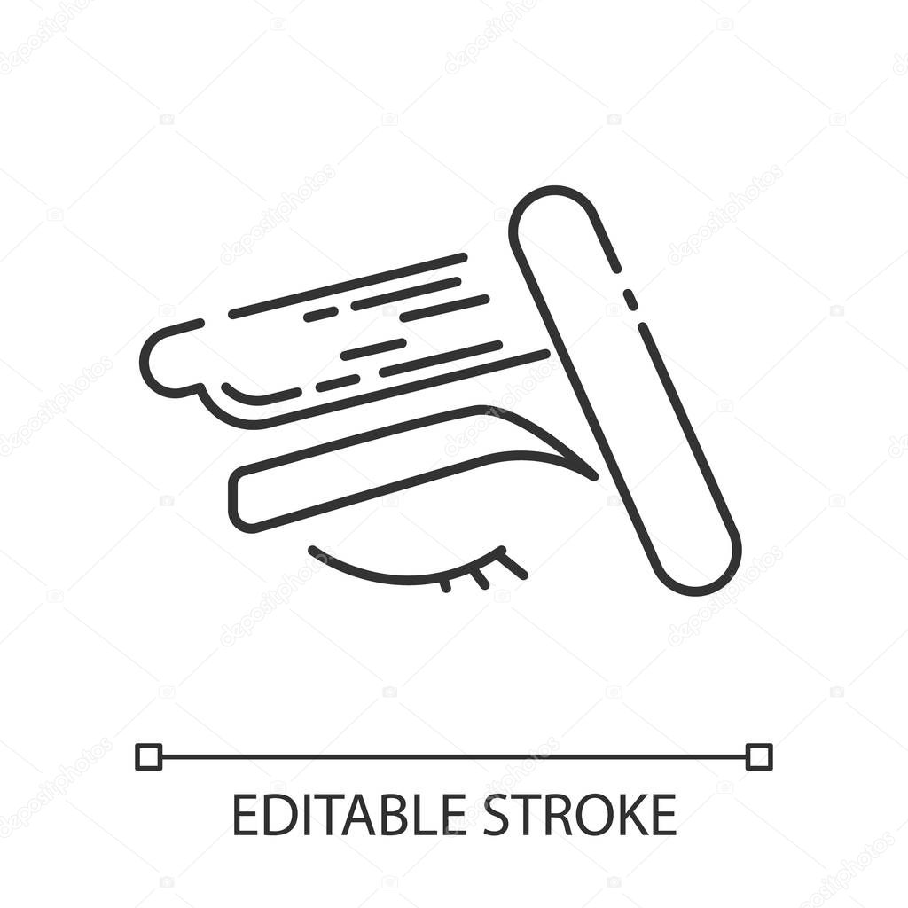 Brow waxing linear icon. Female facial hair removal procedure. Depilation with natural soft hot wax. Thin line illustration. Contour symbol. Vector isolated outline drawing. Editable stroke