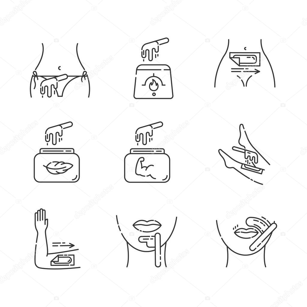 Waxing linear icons set. Bikini, leg, upper lip, chin hair removal. Hot wax in jar with spatula. Depilation equipment. Thin line contour symbols. Isolated vector outline illustrations. Editable stroke