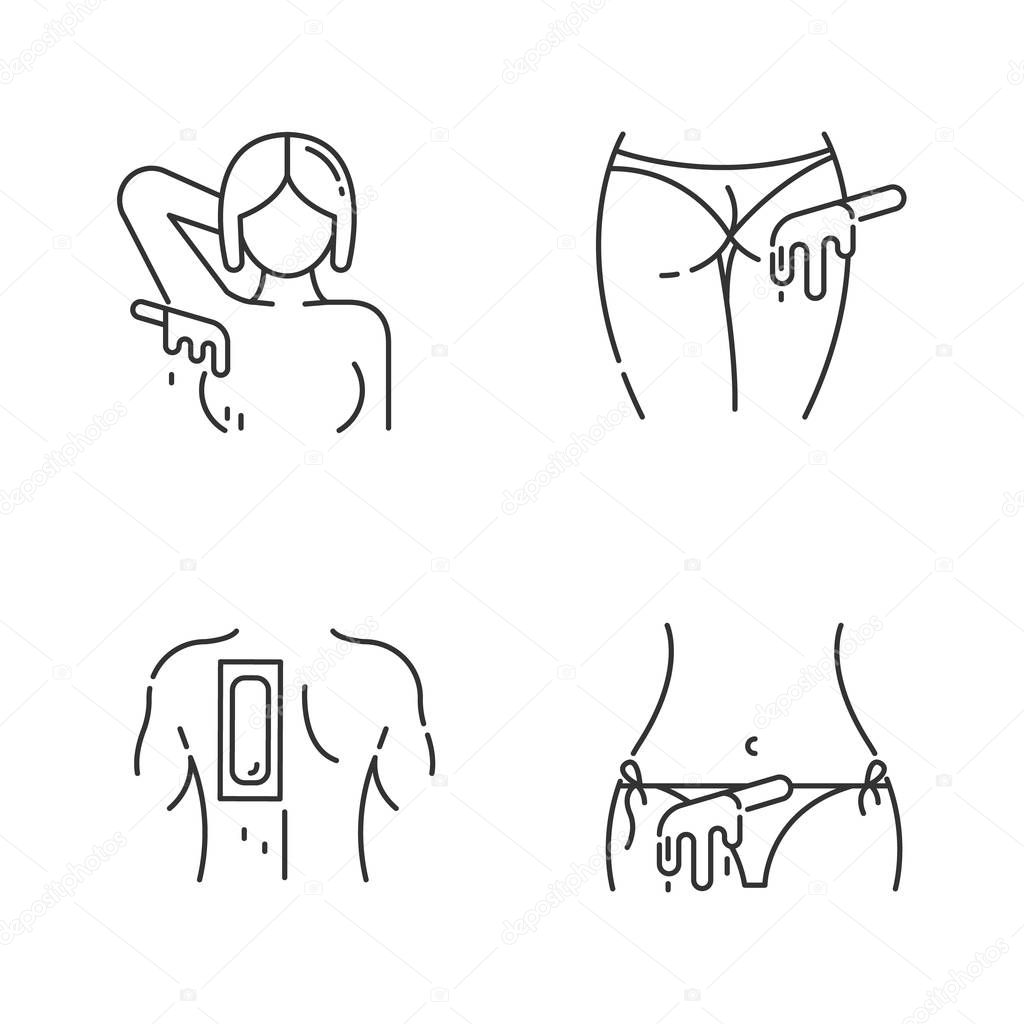 Hot waxing linear icons set. Armpit, buttocks, back, bikini hair removal. Cold wax strips. Body hair depilation. Thin line contour symbols. Isolated vector outline illustrations. Editable stroke