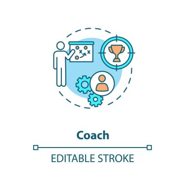 Koç konsept ikonu. Profesyonel akıl hocası, eğitim uzmanı ince çizgi çizimi. Profesyonel ve kişisel gelişim öğretmeni. Vektör izole edilmiş RGB renk çizimi. Düzenlenebilir vuruş