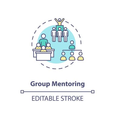 Grup danışmanlığı konsepti ikonu. Ortak akıl hocalığı modeli. Eğitim seminerleri, konferanslar ve okul programları ince çizgiler çiziyor. Vektör izole edilmiş RGB renk çizimi. Düzenlenebilir vuruş
