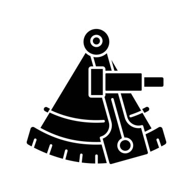 Seksi siyah kabartma simgesi. Göksel navigasyon, beyaz uzayda coğrafi siluet sembolü. Deniz yolculuğu için eski moda bir enstrüman. Antika denizci, astronom aracı vektör izole illüstrasyon