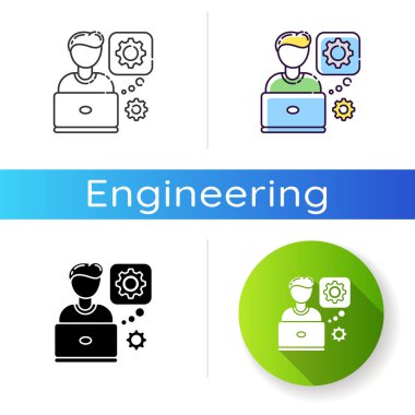 Bilgisayar mühendisi simgesi. Profesyonel program geliştiricisi. Donanım bakım uzmanı. Modern teknoloji çalışma istasyonu. Sistem onarımı. Lineer siyah ve RGB renk stilleri. İzole vektör çizimleri