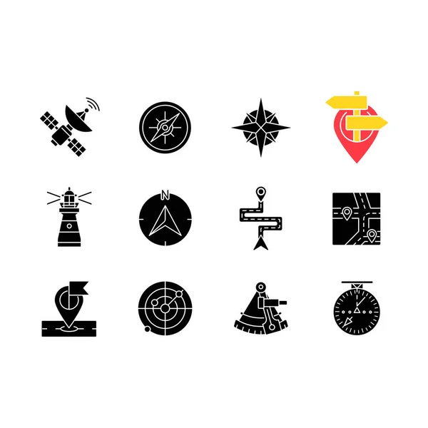 Навигационные Черные Иконки Установленные Белом Пространстве Символы Сухопутного Морского Авиационного — стоковое фото