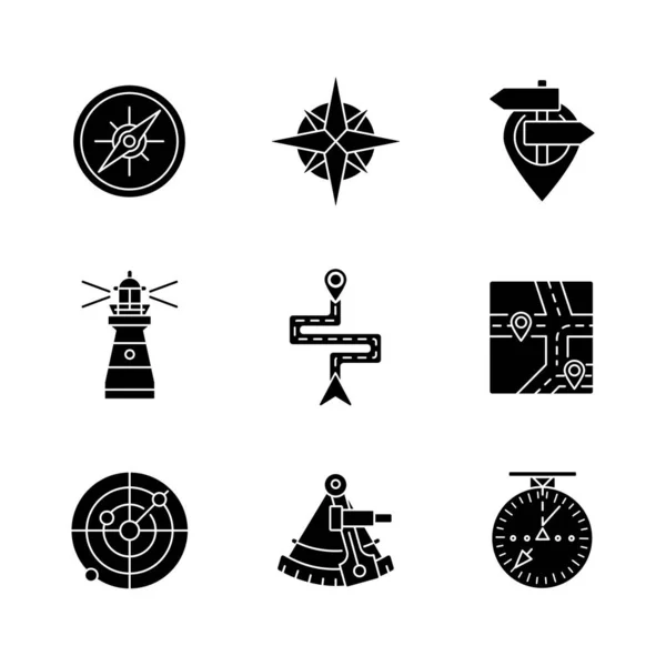 Navigation Black Glyph Icons Set White Space Geographical Location Positioning — Stock Photo, Image