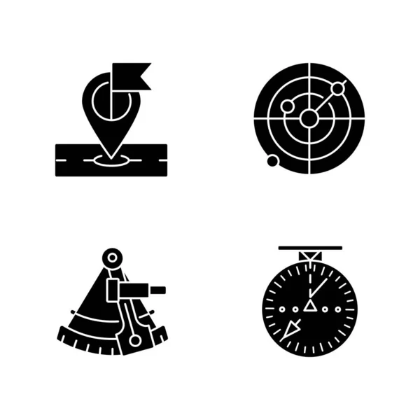 空白文字に設定された黒いグリフアイコンをナビゲートします 陸のシルエットのシンボルでのナビゲーション Gps位置 天文学的生存 海洋および航空レーダー ベクトル分離図 — ストック写真