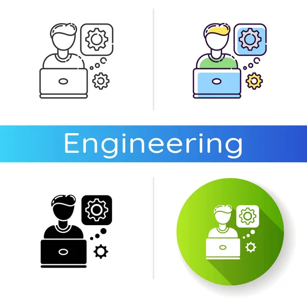 コンピュータ エンジニアのアイコン プロのプログラム開発者 ハードウェアメンテナンスの専門家 現代の技術ワークステーション システムの修理 リニアブラックとRgbのカラースタイル 絶縁ベクトルイラスト — ストック写真
