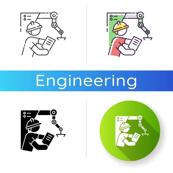 Project engineer icon. Professional worker for heavy production. Management in facility. Development of machinery. Builder job. Linear black and RGB color styles. Isolated vector illustrations